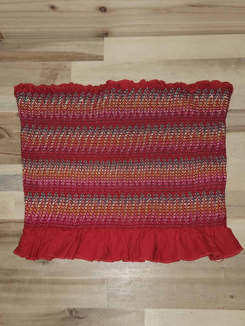 Forever 21 Red Smocked Tube Top with Multicolor Stitching